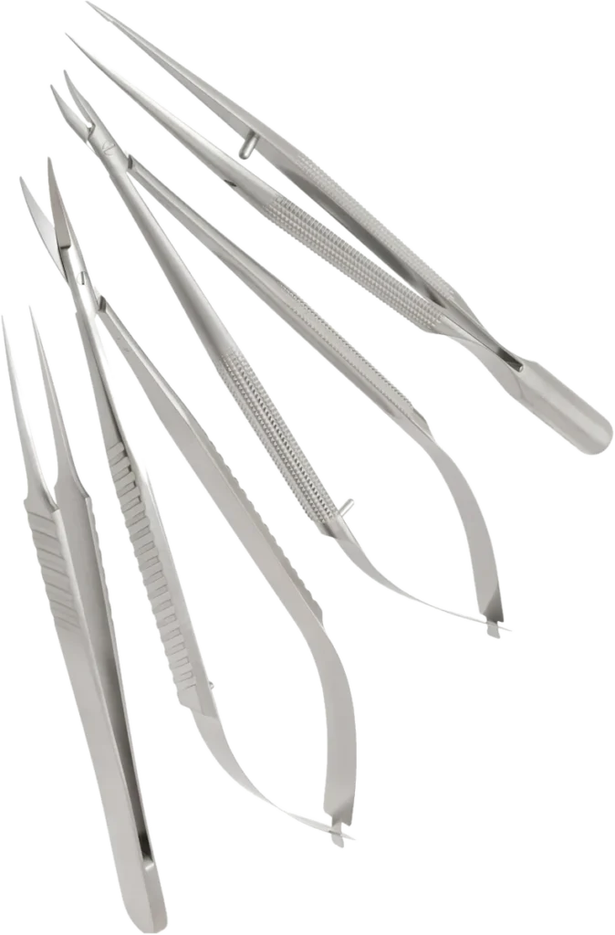 Microsurgery instrument set: micro needle holders, micro scissors and micro forceps