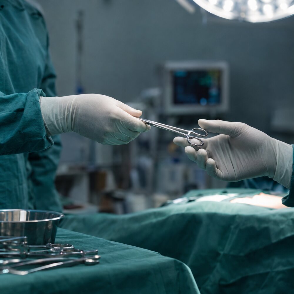 Surgeon using fine forceps in an operating theatre