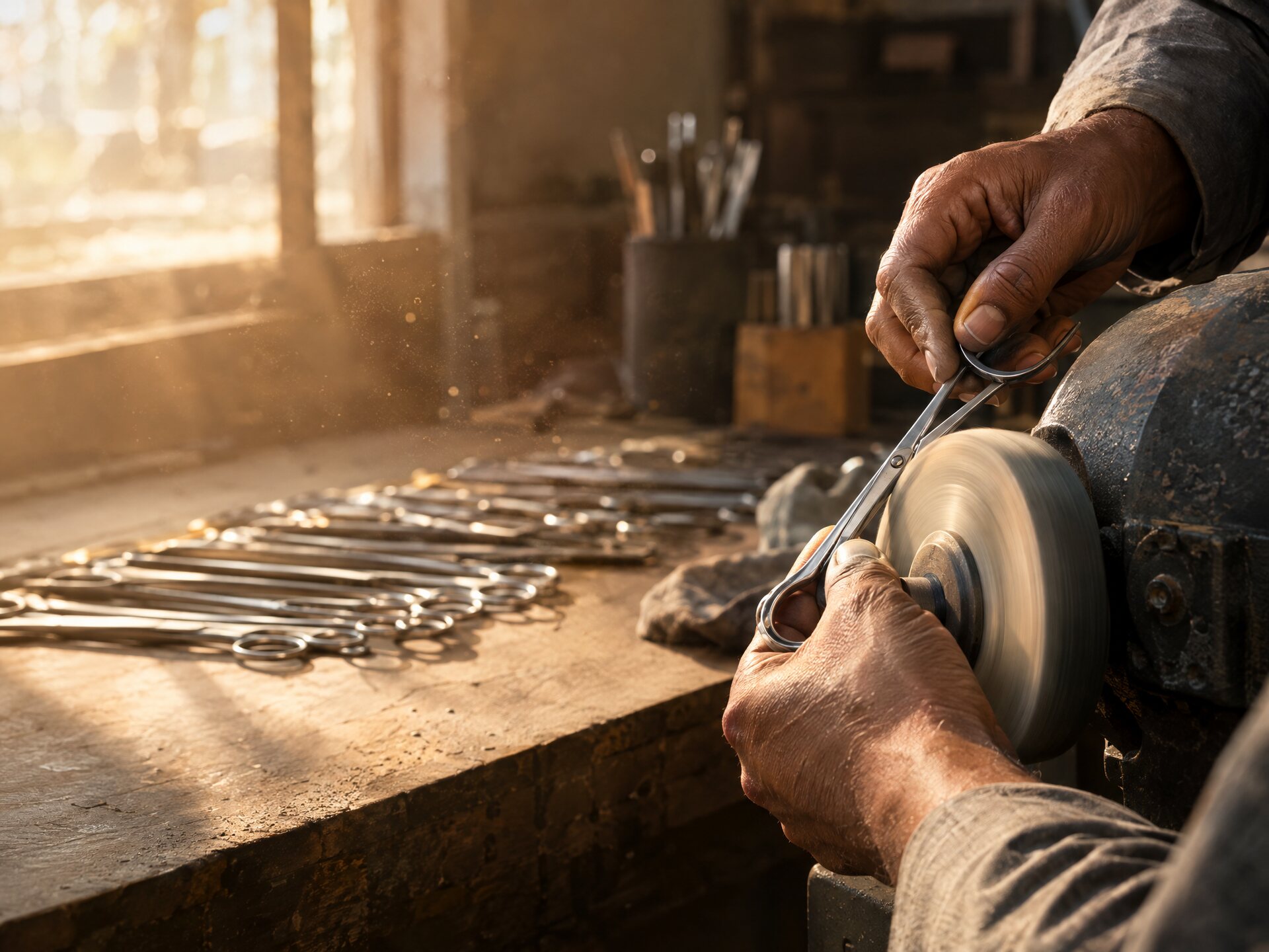 Craftsman finishing scissors in a Sialkot workshop